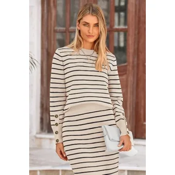 PRETTYGARDEN Women's 2 Piece Striped Sweater Set Casual Fall Long Sleeve Knit Pullover Midi Skirts Matching Travel Outfits (Apricot Stripe,Small)