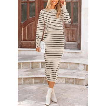 PRETTYGARDEN Women's 2 Piece Striped Sweater Set Casual Fall Long Sleeve Knit Pullover Midi Skirts Matching Travel Outfits (Apricot Stripe,Small)