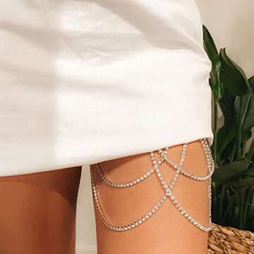 Reetan Boho Crystal Leg Chains Rhinestone Body Chain Rave Party Thigh Chain Body Jewelry Accessories for Women and Girls（D-Silver）