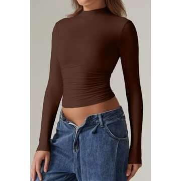 QINSEN Womens Mock Neck Tee Tops Buttery Soft Long Sleeve Bodycon Curvy Shirts for Casual Chestnut S