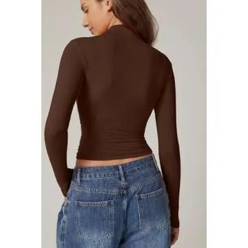 QINSEN Womens Mock Neck Tee Tops Buttery Soft Long Sleeve Bodycon Curvy Shirts for Casual Chestnut S