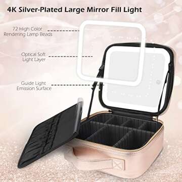 MOMIRA Travel Cosmetic Train Case with Lighted Mirror 3 Color Scenarios Cosmetic Bag Organizer with Adjustable Dividers Makeup Storage for Women, Makeup Accessories & Tools Case Champagne