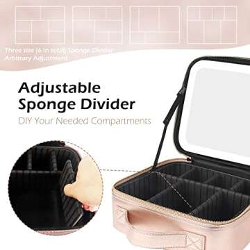MOMIRA Travel Cosmetic Train Case with Lighted Mirror 3 Color Scenarios Cosmetic Bag Organizer with Adjustable Dividers Makeup Storage for Women, Makeup Accessories & Tools Case Champagne