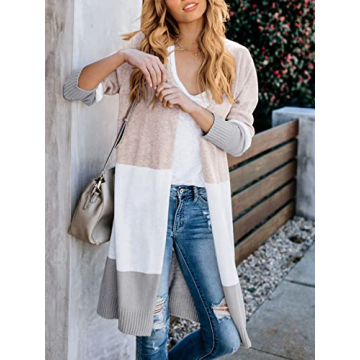 Lovaru Womens Boho Open Front Cardigan Colorblock Long Sleeve Loose Knit Lightweight Sweaters Z-Khaki