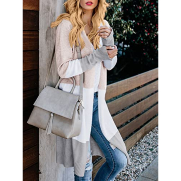 Lovaru Womens Boho Open Front Cardigan Colorblock Long Sleeve Loose Knit Lightweight Sweaters Z-Khaki