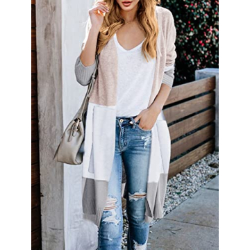 Lovaru Womens Boho Open Front Cardigan Colorblock Long Sleeve Loose Knit Lightweight Sweaters Z-Khaki