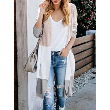 Lovaru Womens Boho Open Front Cardigan Colorblock Long Sleeve Loose Knit Lightweight Sweaters Z-Khaki