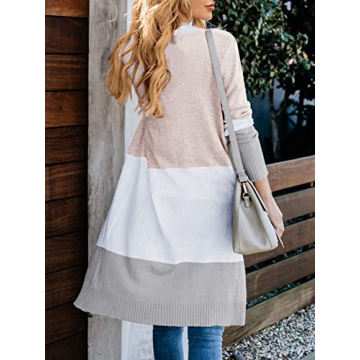 Lovaru Womens Boho Open Front Cardigan Colorblock Long Sleeve Loose Knit Lightweight Sweaters Z-Khaki