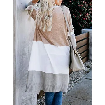 Lovaru Womens Boho Open Front Cardigan Colorblock Long Sleeve Loose Knit Lightweight Sweaters Z-Khaki