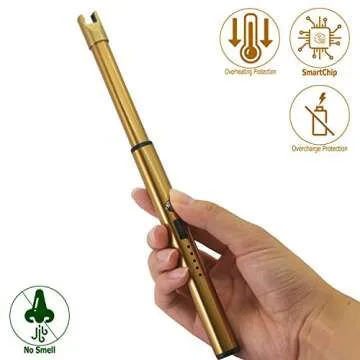 Elite Brands USA Plasma Arc Trendy Long Neck Rechargeable Windproof USB Lighter, Ideal for Gas Stove Candle Fireplace Kitchen Grills BBQ, Flameless Without Butane, Electric Beam Lighter (Gold)