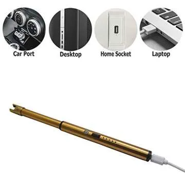 Elite Brands USA Plasma Arc Trendy Long Neck Rechargeable Windproof USB Lighter, Ideal for Gas Stove Candle Fireplace Kitchen Grills BBQ, Flameless Without Butane, Electric Beam Lighter (Gold)