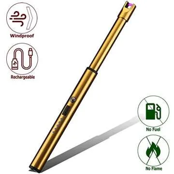 Elite Brands USA Plasma Arc Trendy Long Neck Rechargeable Windproof USB Lighter, Ideal for Gas Stove Candle Fireplace Kitchen Grills BBQ, Flameless Without Butane, Electric Beam Lighter (Gold)