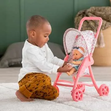 Corolle Baby Doll Stroller with Folding Canopy - Mon Premier Poupon Accessory Fits 12" Dolls, Pink/Floral Pattern, for Kids Ages 18 Months and up