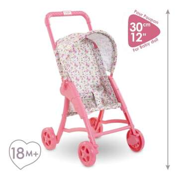 Corolle Baby Doll Stroller with Folding Canopy - Mon Premier Poupon Accessory Fits 12" Dolls, Pink/Floral Pattern, for Kids Ages 18 Months and up