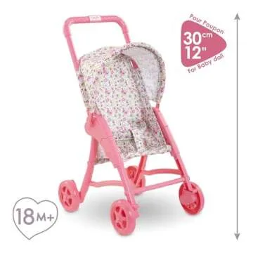 Corolle Baby Doll Stroller with Folding Canopy - Mon Premier Poupon Accessory Fits 12" Dolls, Pink/Floral Pattern, for Kids Ages 18 Months and up