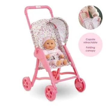 Corolle Baby Doll Stroller with Folding Canopy - Mon Premier Poupon Accessory Fits 12" Dolls, Pink/Floral Pattern, for Kids Ages 18 Months and up