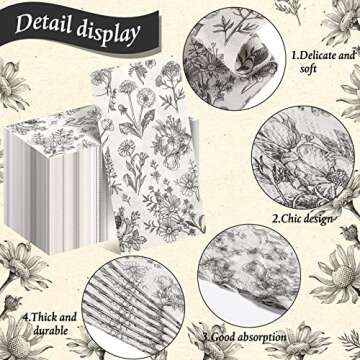 Tatuo Floral Paper Guest Disposable Napkins Black White Vintage Decorative Bathroom Napkins for Spring Decoupage Birthday Vintage Party Supplies(100 Pack,13 x 15.8 Inch)