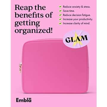 Embla Makeup Bag Travel Cosmetics Pouch and Toiletry Bag, Nylon Zipper Pouch Purse, Cute Make Up Organizer Storage Tote for Women Girls, Travel Skincare Case, Large Makeup Bags, Bubblegum