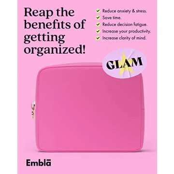 Embla Makeup Bag Travel Cosmetics Pouch and Toiletry Bag, Nylon Zipper Pouch Purse, Cute Make Up Organizer Storage Tote for Women Girls, Travel Skincare Case, Large Makeup Bags, Bubblegum