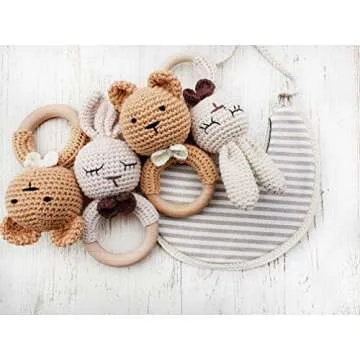 Natural Crochet Teddy Bear Teether Baby Toy Rattle Forest Friends Amigurumi on Natural Wooden Teething Ring Rattle New Born Photography (Teddy Bear Rattle)