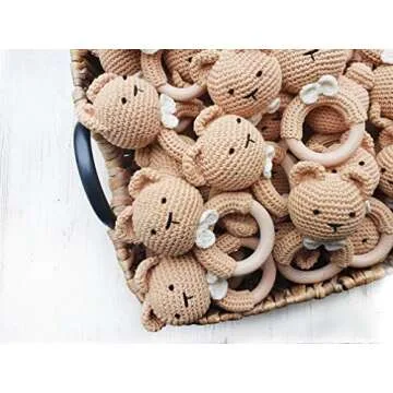 Natural Crochet Teddy Bear Teether Baby Toy Rattle Forest Friends Amigurumi on Natural Wooden Teething Ring Rattle New Born Photography (Teddy Bear Rattle)