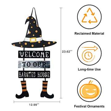 DEWBIN Halloween Decorations for Home, Wood Witch Hat Hanging Sign with Welcome to Our Haunted House Lettered Halloween Decor Decorations, Halloween Welcome Sign for Front Door, Mantel, Wall, Porch