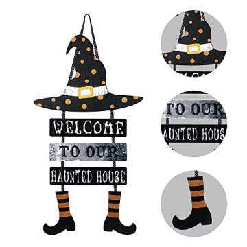 DEWBIN Halloween Decorations for Home, Wood Witch Hat Hanging Sign with Welcome to Our Haunted House Lettered Halloween Decor Decorations, Halloween Welcome Sign for Front Door, Mantel, Wall, Porch