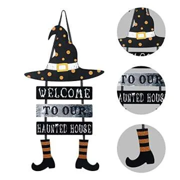 DEWBIN Halloween Decorations for Home, Wood Witch Hat Hanging Sign with Welcome to Our Haunted House Lettered Halloween Decor Decorations, Halloween Welcome Sign for Front Door, Mantel, Wall, Porch
