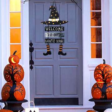 DEWBIN Halloween Decorations for Home, Wood Witch Hat Hanging Sign with Welcome to Our Haunted House Lettered Halloween Decor Decorations, Halloween Welcome Sign for Front Door, Mantel, Wall, Porch