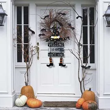 DEWBIN Halloween Decorations for Home, Wood Witch Hat Hanging Sign with Welcome to Our Haunted House Lettered Halloween Decor Decorations, Halloween Welcome Sign for Front Door, Mantel, Wall, Porch