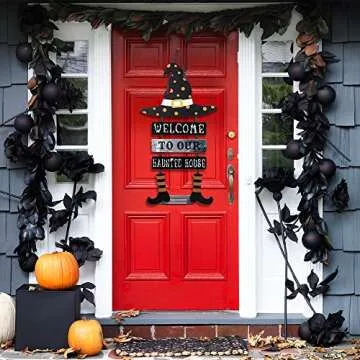 DEWBIN Halloween Decorations for Home, Wood Witch Hat Hanging Sign with Welcome to Our Haunted House Lettered Halloween Decor Decorations, Halloween Welcome Sign for Front Door, Mantel, Wall, Porch