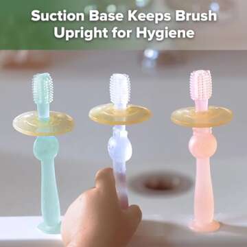 haakaa 360° Baby Toothbrush with Suction Base - Gentle Cleaning for Infant Self-Brushing Training, Food-Grade Silicone, Adjustable Safety Shield - Translucent (1 Piece)