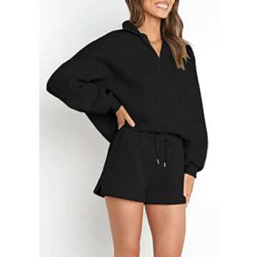 Lingswallow Women's Oversized 2 Piece Lounge Sets - Long Sleeve Zipper and Shorts Fleece Lined Sweatsuits Set Lounge Sets