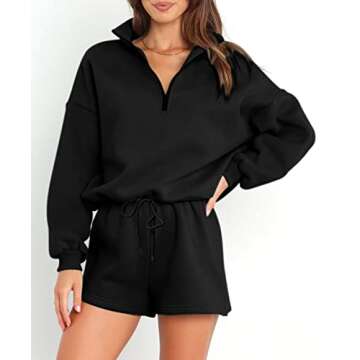 Lingswallow Women's Oversized 2 Piece Lounge Sets - Long Sleeve Zipper and Shorts Fleece Lined Sweatsuits Set Lounge Sets