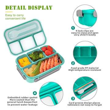 Vensp Adult Lunch Bento Box, lunch Boxes for School, Toddler/Kids/Adults, 1300ml-with 4 Compartments&Fork, Leak-Proof, Men Women lunch box, Microwave/Dishwasher/Freezer Safe, Bpa-Free(Green)