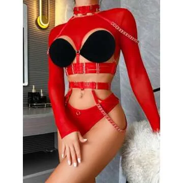 Kaei&Shi Bondaged Lingerie,Sexy Choker Rave Strappy Lingerie for Women Exotic,Matching 4 Piece Lingerie Set Valentines Day Christmas Red Medium