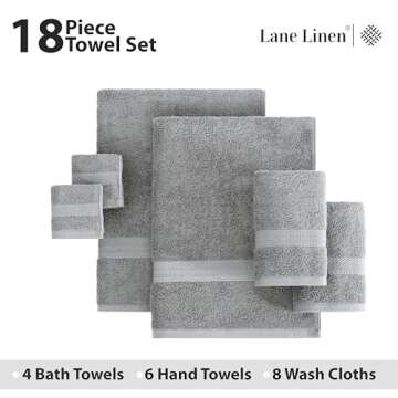 LANE LINEN Cotton Bath Set - 18 PC Towels for Bathroom - 4 Large, 6 Hand, 8 Wash Cloths - Soft Turkish Towels in Space Grey