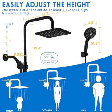 Ryamen Dual Shower Head Combo, Black 8'' High Pressure Rain/Rainfall Shower Head,5 Settings Adjustab...