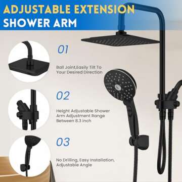 Ryamen Dual Shower Head Combo, Black 8'' High Pressure Rain/Rainfall Shower Head,5 Settings Adjustable Handheld Showers,with 15" Height Adjustable Slide Bar,Holder/59’‘ Hose