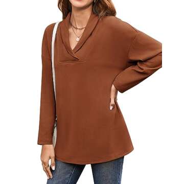 Long Shirts for Women to wear with Leggings 2023 V Neck Long Sleeve Casual Tops Oversized Loose Fitting Tunic Sweatshirt Caramel L