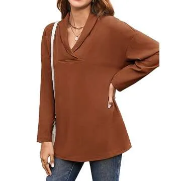 Long Shirts for Women to wear with Leggings 2023 V Neck Long Sleeve Casual Tops Oversized Loose Fitting Tunic Sweatshirt Caramel L