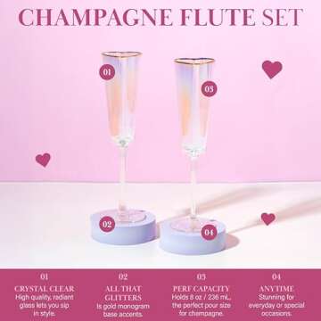 Paris Hilton Heart Shaped Champagne Flute Gift Set, Elegant Handmade Glassware Set, Perfect for Celebrations, Weddings or any Special Occasion, 2-Piece Set, 5.5-Ounce, Iridescent with Gold Rim