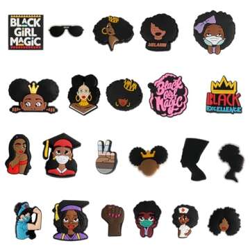 wonmon 50Pcs Shoe Decoration Charms, Black Live Matters Shoe Charms for Black Girls Women, Variety Colors Cute Designs Shoes Decor Suitable for Shoe