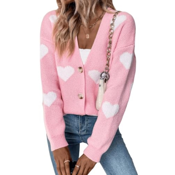 Verdusa Women's Long Sleeve Button Front V Neck Knit Sweater Cardigan Heart Print S