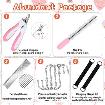 Pet Grooming Hammock for Cats & Dogs Hanging Harness Pet Supplies Set with Nail Clippers Trimmer, Pet Comb, Nail File Adjusting Band Grooming Table for Cats Dogs Bathing Washing(Pink, Small)