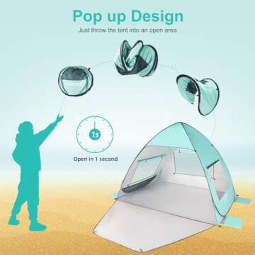 TOBTOS UPF 50+ Pop Up Beach Tent, Beach Umbrella, Automatic Sun Shelter 2-3 People UV Protection Portable Sunshade, Easy Set Up Baby Canopy Cabana, Lightweight with Carry Bag (Mint Green)