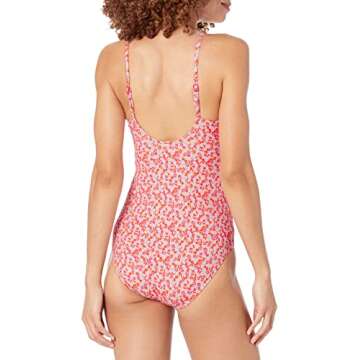 Amazon Essentials Women's Thin Strap one-Piece Swimsuit, Pale Peach Micro Floral, Small