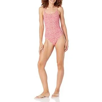 Amazon Essentials Women's Thin Strap one-Piece Swimsuit, Pale Peach Micro Floral, Small