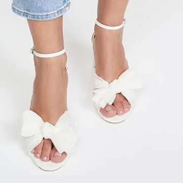 Mattiventon Womens White Bowknot Heeled Sandals Bridal Wedding Open Toe Ankle Strap Chunky Heeled Sandals