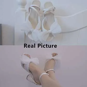 Mattiventon Womens White Bowknot Heeled Sandals Bridal Wedding Open Toe Ankle Strap Chunky Heeled Sandals